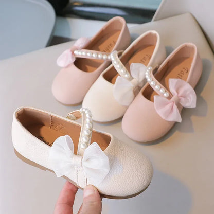 Girls Pearls Leather Shoes for Party Wedding Children Elegant Princess Shoes with Bow-knot Kids Flats Mary Janes Shoes Round-toe