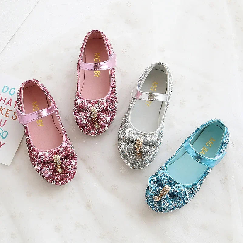 Party Dresses for Girl Spring Fashion Glitter Girl Shoe Water Diamond Princess Shoe Soft Sole Kid Shoes Bow Kid Leather Shoe