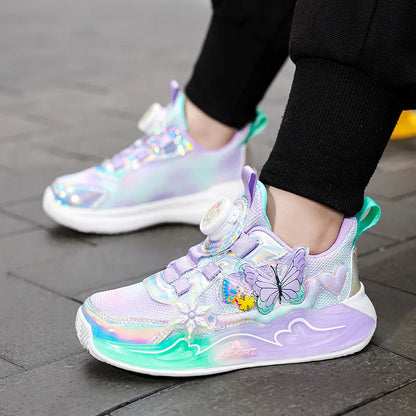 Children's Sneakers 2025 New Girls' Sports Shoes Mesh Breathable Kid's Running Shoes Rotating Buckle Soft Sole Causal Shoes