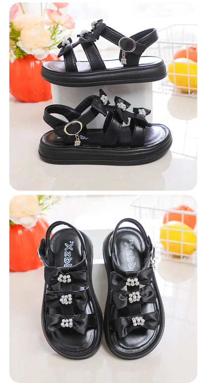 Girls Sandals with Sweet Bows Soft Sole Kids Beach Shoes Versatile 2025 Summer New Children Princess Shoes Casual Non-slip Cute