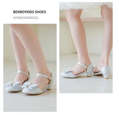 Girls Princess Shoes High Heels for Wedding Party Kids Dance Shoes Sweet Bows 2025 Summer New Children Half Sandals Shiny Sequin