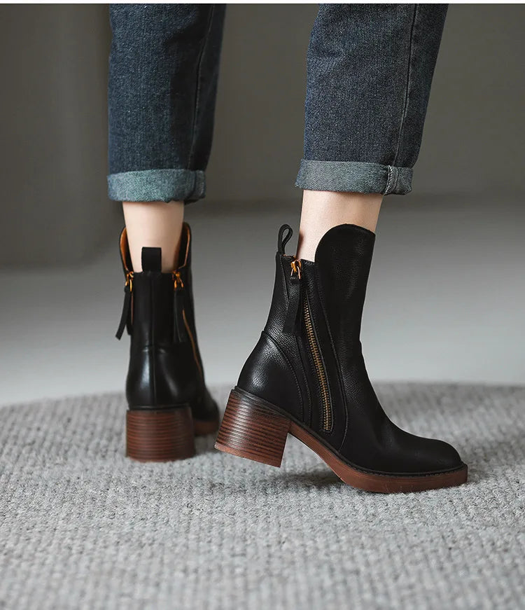 Women's Boots Spring and Autumn New Chelsea Boots Thick Heel Brown Short Leather Shoes for Women High Heels platform shoes