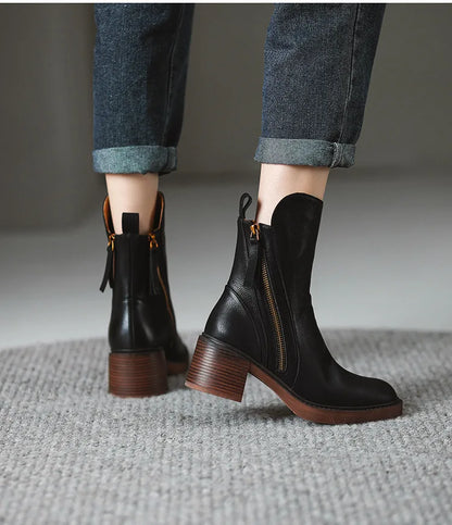Women's Boots Spring and Autumn New Chelsea Boots Thick Heel Brown Short Leather Shoes for Women High Heels platform shoes