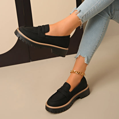 New Black/Brown Solid Color Thick-Soled Loafers Women's Platform Slip-On Shoes Retro Versatile Small Leather Shoes for Commuting