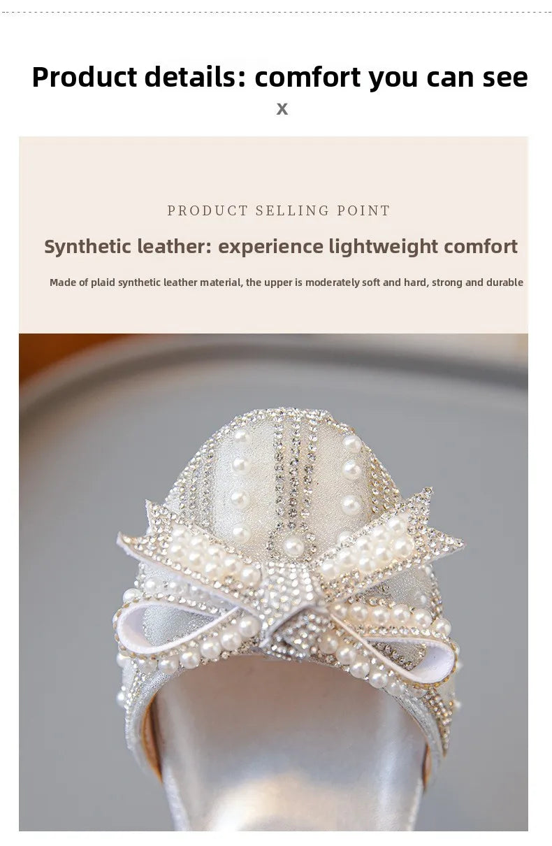Girls' Bow Sandals Fashion Princess Shoes for Party Wedding 2025 Summer New Kids Rhinestone High Heels Children's Leather Shoes
