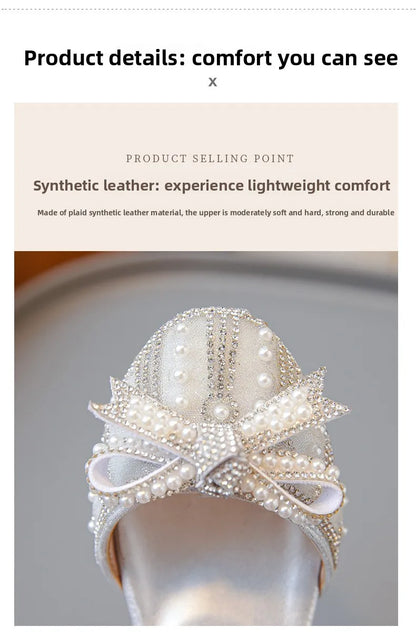 Girls' Bow Sandals Fashion Princess Shoes for Party Wedding 2025 Summer New Kids Rhinestone High Heels Children's Leather Shoes
