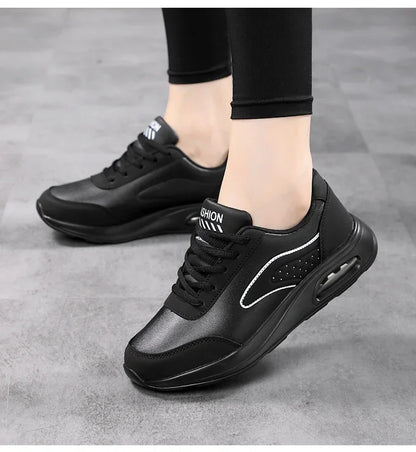 New Women's Fashionable Sneakers Leather Women's Casual Shoes Lace Up Flat Shoes Ladies Lightweight Fitness Walking Shoes