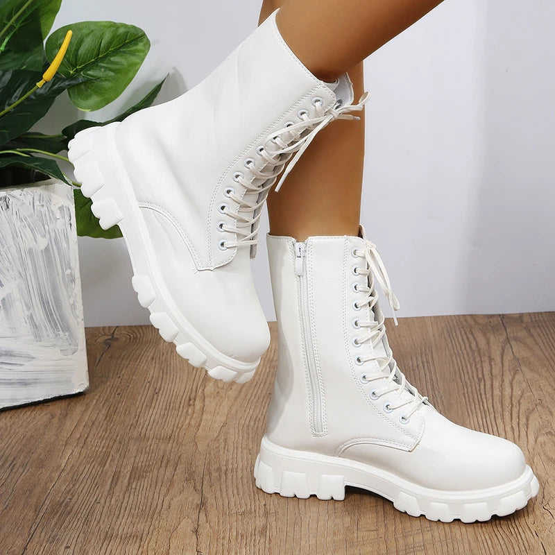 Boots Women Autumn Winter PU Leather White Ankle Boots Motorcycle Botines Female Chunky Heels Platform Boots Botas Mujer