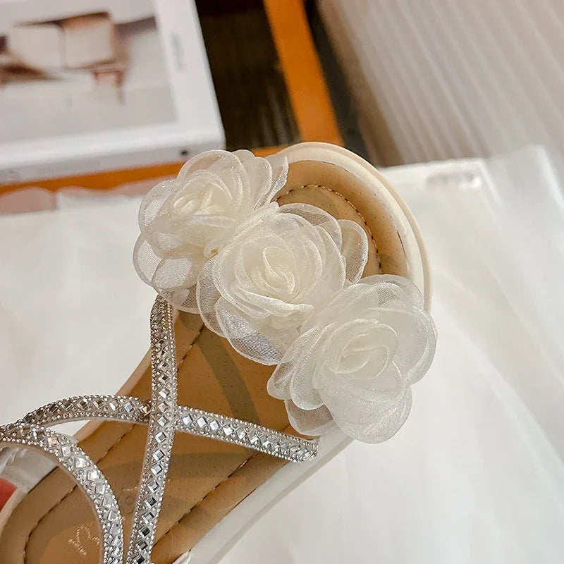 Girls Princess Sandals with Flowers Summer Fashion Children Rhinestone Performance Shoes Big Kids Gladiator Sandals 2025 New