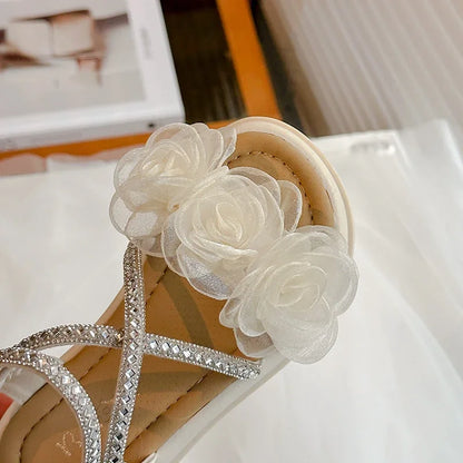 Girls Princess Sandals with Flowers Summer Fashion Children Rhinestone Performance Shoes Big Kids Gladiator Sandals 2025 New