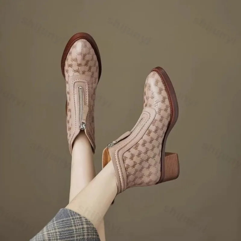 Women's Short Boots New Autumn Winter Zipper Vintage Chunky Heel Middle Heel Shoes Comfortable Warm Non Slip Fashion Boots
