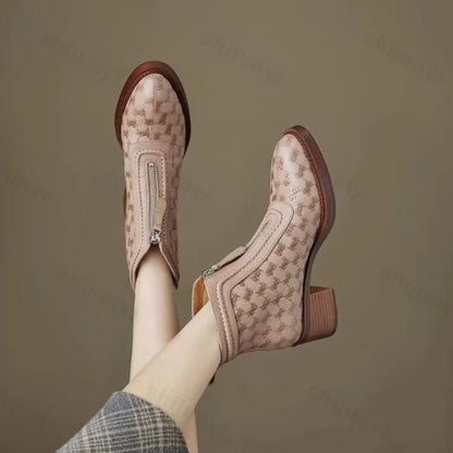 Women's Short Boots New Autumn Winter Zipper Vintage Chunky Heel Middle Heel Shoes Comfortable Warm Non Slip Fashion Boots