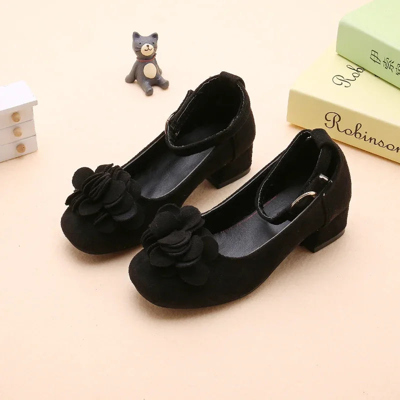 Girl's High Heel Shoes Spring Autumn Kids Leather Shoe Fashion Sweet Flower Children Princess Shoes for Wedding Party Versatile