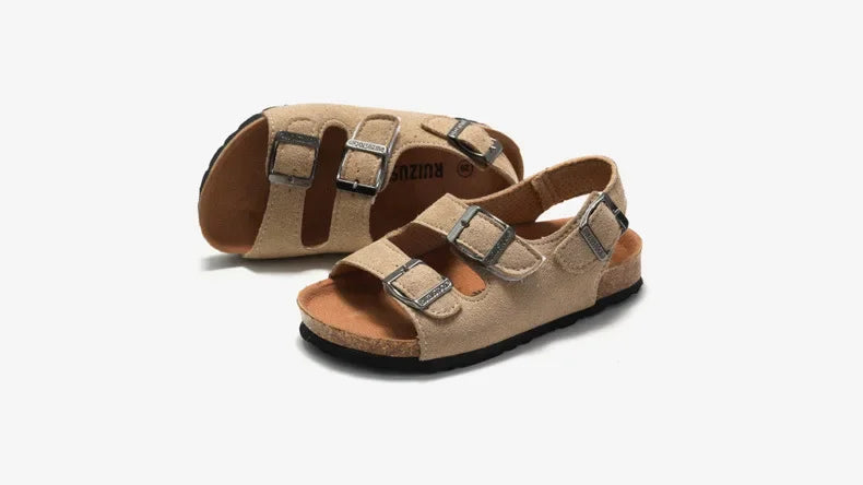 Boys Summer Soft Soled Cork Sandals Children One Line Herringbone Slippers Girl Beach Breathable Double Ring Buckle Casual Shoes