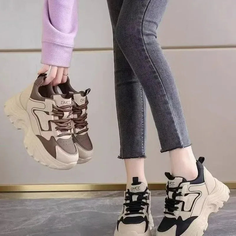 Women's 2026 Spring Sneakers with Thick Bottom and Leather Face High Inner Heel Shoes Comfortable for Sports and Casual Wear