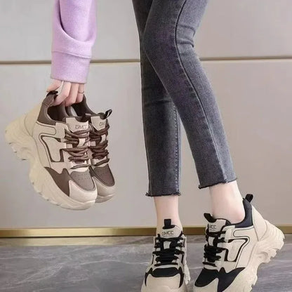 Women's 2026 Spring Sneakers with Thick Bottom and Leather Face High Inner Heel Shoes Comfortable for Sports and Casual Wear