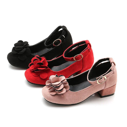 Girl's High Heel Shoes Spring Autumn Kids Leather Shoe Fashion Sweet Flower Children Princess Shoes for Wedding Party Versatile