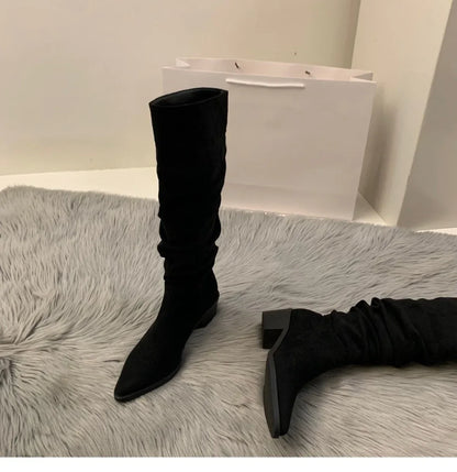 Women's Suede High-heeled Boots for Autumn and Winter, New Plush Pointed Stacking Boots, Fashionable Outdoor Knight Boots