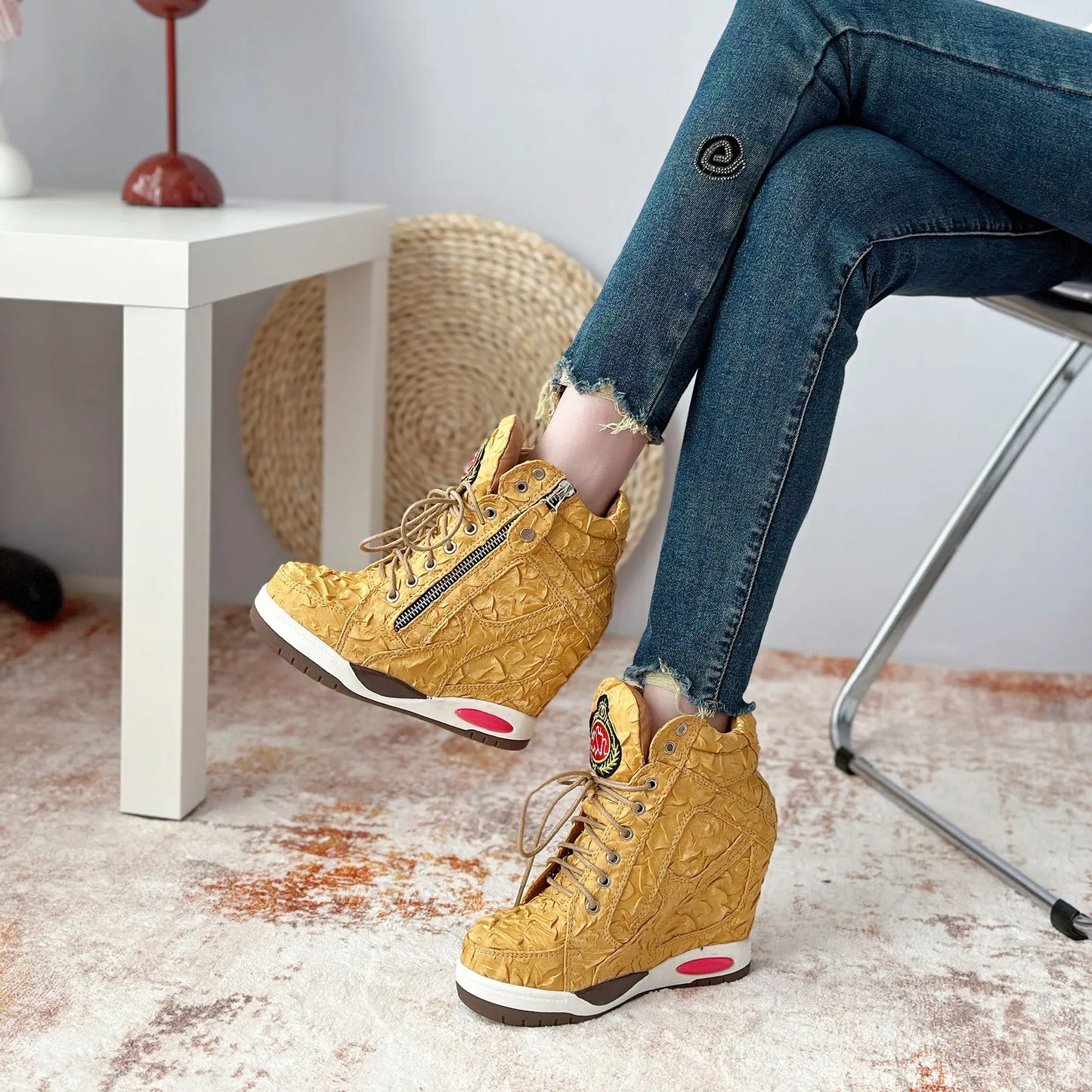 Womens Sneakers Shoes Fashion Platform Designer Thick Sole Casual Hoof Heels TPR Autumn Round Toe Solid High Increased Inte