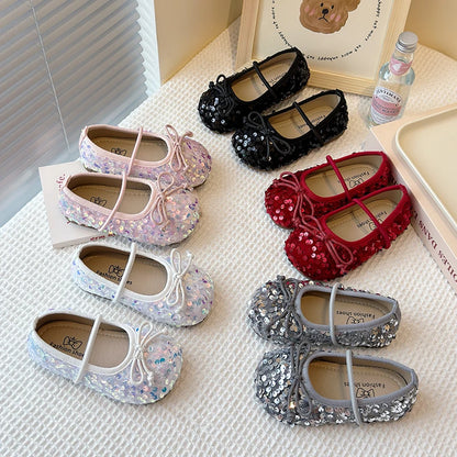 Girls Shoes Kids Glitter Leather Shoes for Wedding Stage Party Sequins Bling Shiny with Bow-knot Princess Soft Children's Flats