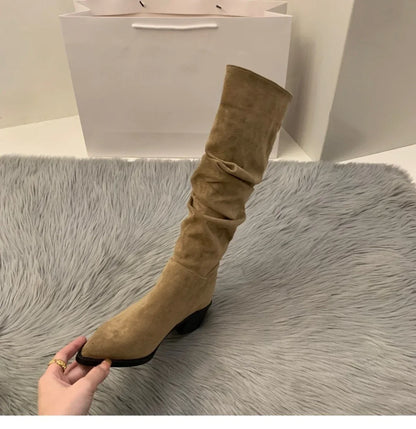 Women's Suede High-heeled Boots for Autumn and Winter, New Plush Pointed Stacking Boots, Fashionable Outdoor Knight Boots