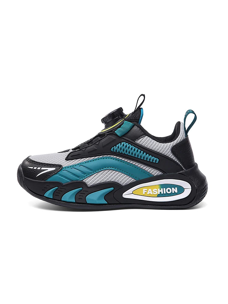 Boys' New Trendy Color-Blocked Mesh Sneakers with Knob Buckle, Dad Shoe Style Breathable Children's Shoes, Spring and Autumn Campus Outdoor Non-Slip Running Shoes, Casual Sports Trendy Shoes