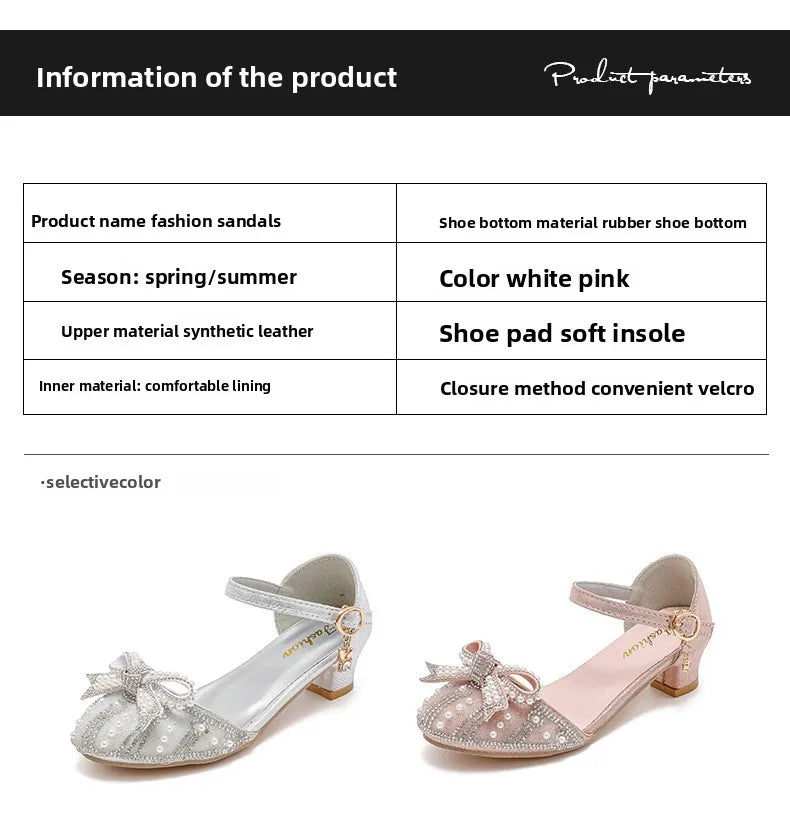 Girls' Bow Sandals Fashion Princess Shoes for Party Wedding 2025 Summer New Kids Rhinestone High Heels Children's Leather Shoes