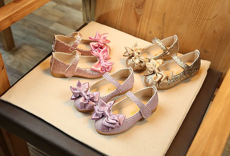 Glitter with Bow-knot Princess Sweet Bling Dress Shoes for Dance Party Girls Leather Shoes for Toddlers Kids Big Children Flats