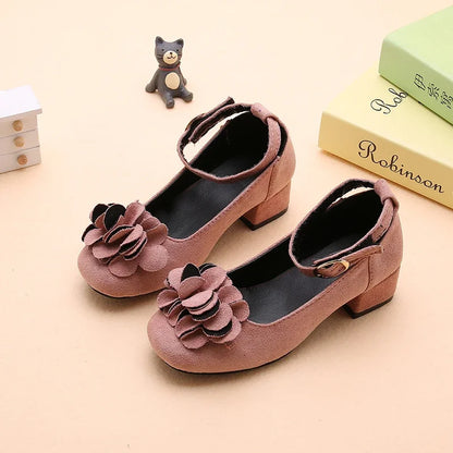 Girl's High Heel Shoes Spring Autumn Kids Leather Shoe Fashion Sweet Flower Children Princess Shoes for Wedding Party Versatile