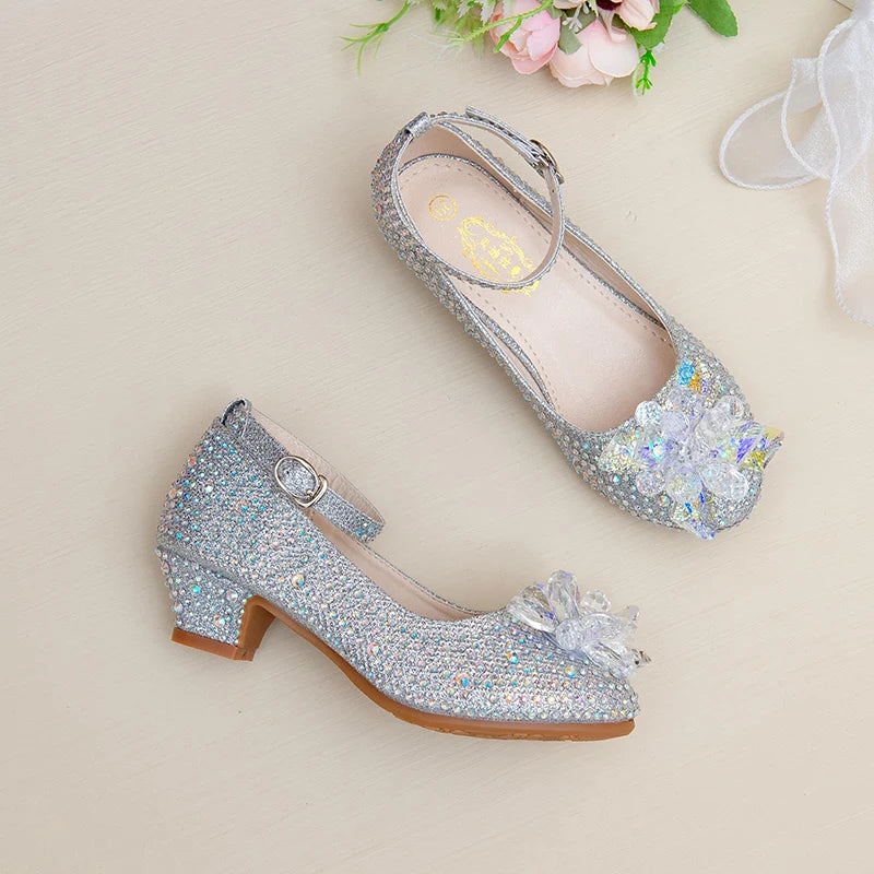 High-heeled Shoes For Girls Spring And Autumn New Little Girl Princess Crystal Shoes Children's Cuhk Shows Soft-soled Shoes