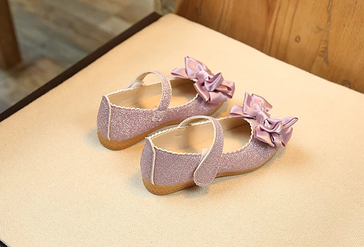 Glitter with Bow-knot Princess Sweet Bling Dress Shoes for Dance Party Girls Leather Shoes for Toddlers Kids Big Children Flats