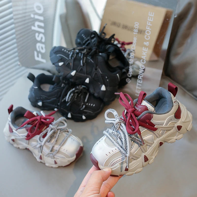 Children's Sneakers Four Seasons Leather Boys Girls Single Shoes Black Soft Bottom Non-slip Kids Running Shoes