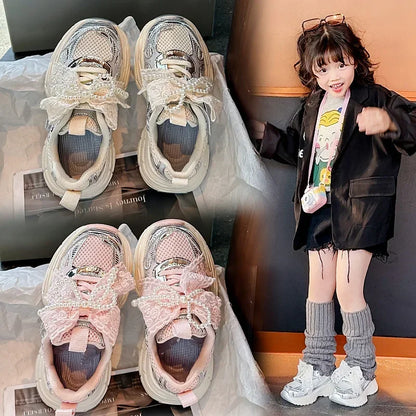 Girls Running Shoes with Sweet Mesh Bow Kids Sports Shoes Breathable New Fashion Children Sneakers Princess Style Cute