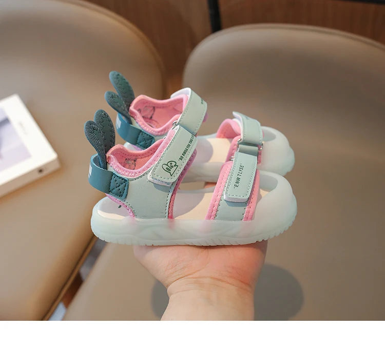 Children's Sandals 2-12 Years Old Cartoon Greenish Pink Soft Boys Girls Beach Shoes Casual Non-slip Kids Baby Sports Sandals