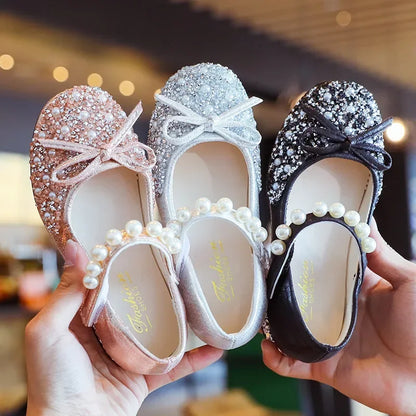 Little Kids Pearl Glitter Leather Shoes Girls Low Heeled Shoes Soft Soles Princess Dance Shoes Children Wedding Party Dress Shoe