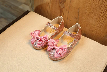 Glitter with Bow-knot Princess Sweet Bling Dress Shoes for Dance Party Girls Leather Shoes for Toddlers Kids Big Children Flats