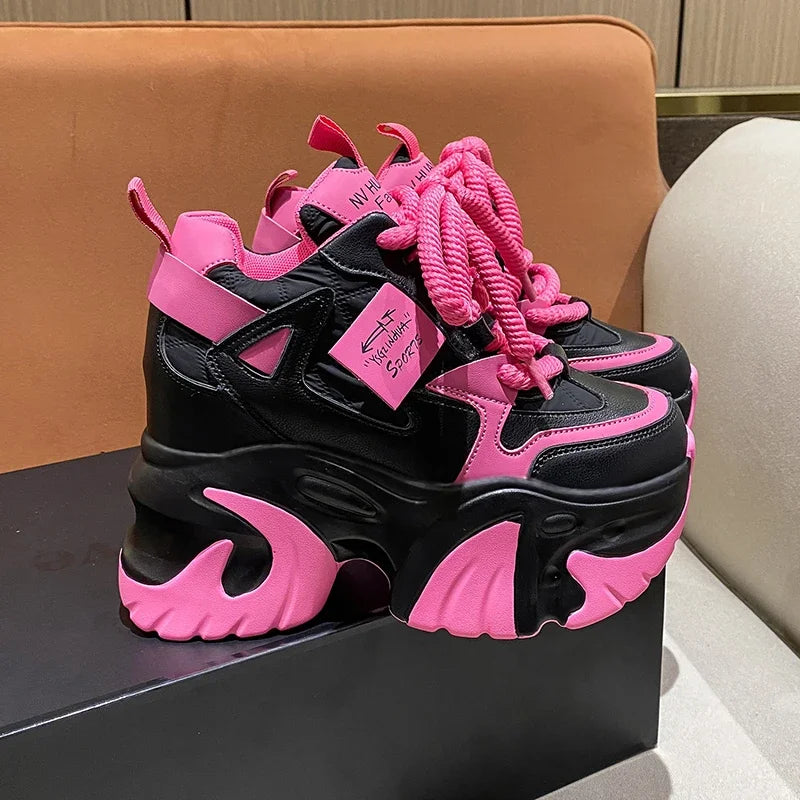 Women Walking Sneakers 2025 Spring Lace-up High Platform Chunky Shoes Breathable Leather Shoes 10CM Wedge Heels Casual Shoes