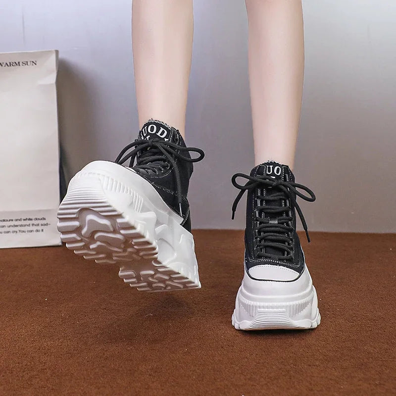 Women Sneakers High Top Platform Breathable Leather Shoes Autumn Ladies Wedges Casual Shoes For Woman Sports Dad Shoes 8CM