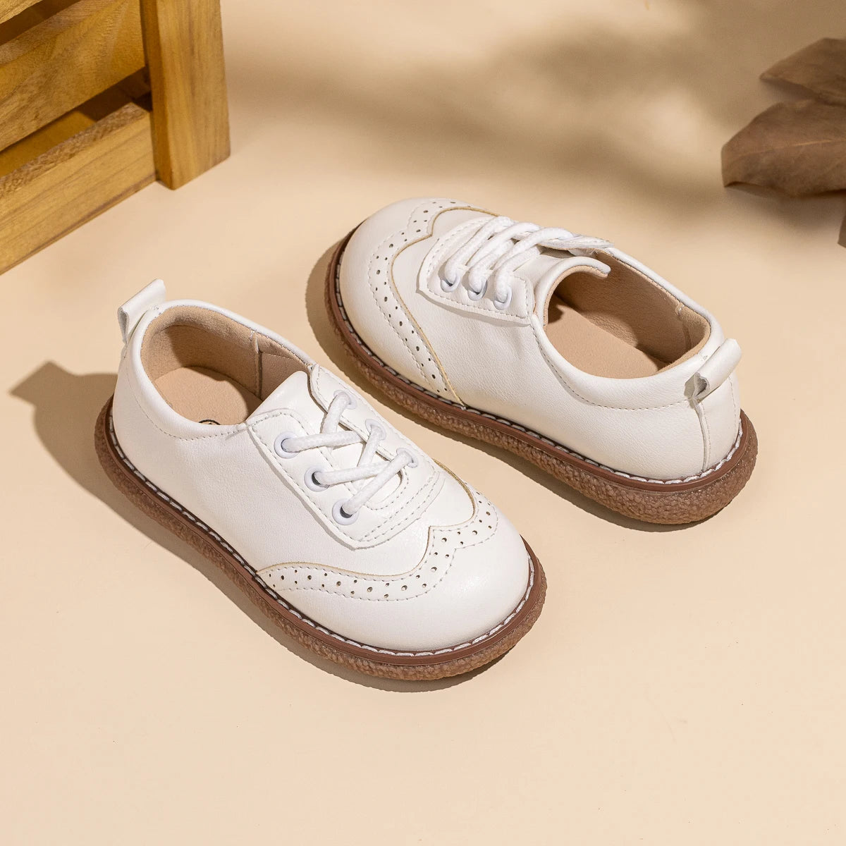 KIDSUN Children Retro Casual Leather Shoes Comfortable Breathable Rubber Soft Anti-Slip Flat Sole Lace Up Solid Color Flats Shoe