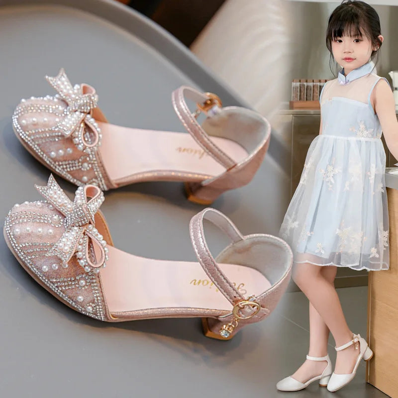 Girls' Bow Sandals Fashion Princess Shoes for Party Wedding 2025 Summer New Kids Rhinestone High Heels Children's Leather Shoes