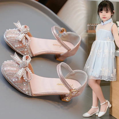 Girls' Bow Sandals Fashion Princess Shoes for Party Wedding 2025 Summer New Kids Rhinestone High Heels Children's Leather Shoes