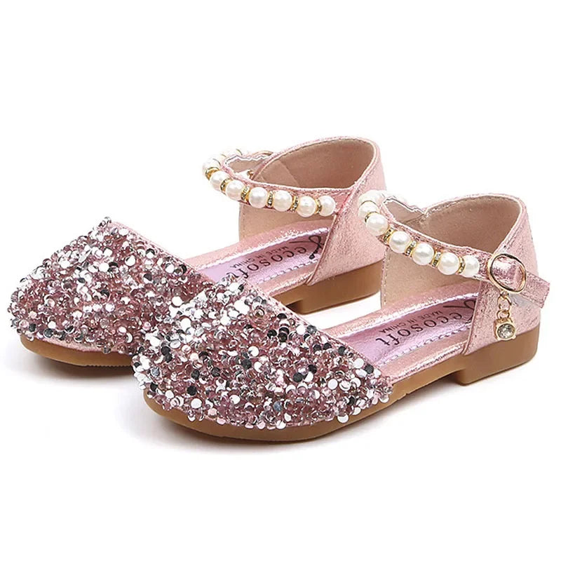 Princess Girls Party Dance Shoes Student Flats Children Pearl Sequin Sandals Kids Performance Grand Event
