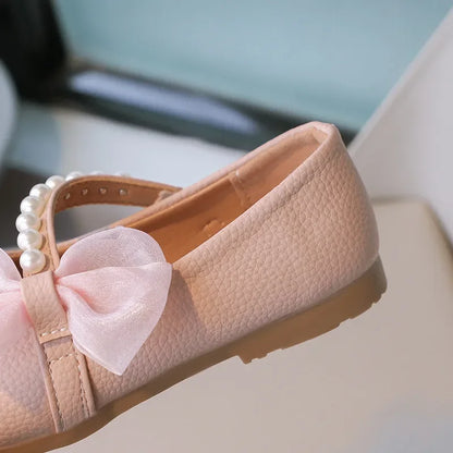 Girls Pearls Leather Shoes for Party Wedding Children Elegant Princess Shoes with Bow-knot Kids Flats Mary Janes Shoes Round-toe