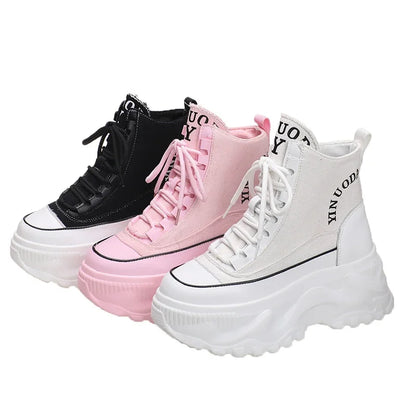 Women Sneakers High Top Platform Breathable Leather Shoes Autumn Ladies Wedges Casual Shoes For Woman Sports Dad Shoes 8CM