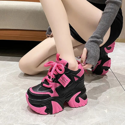Women Walking Sneakers 2025 Spring Lace-up High Platform Chunky Shoes Breathable Leather Shoes 10CM Wedge Heels Casual Shoes