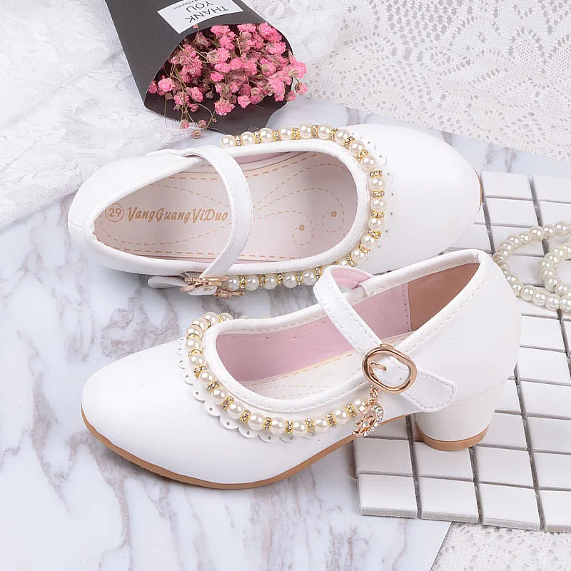 New Princess Kids High Heels Shoes Girls Wedding Dress Party Leather Shoes Children's White Shoes Performance Shoes for Students