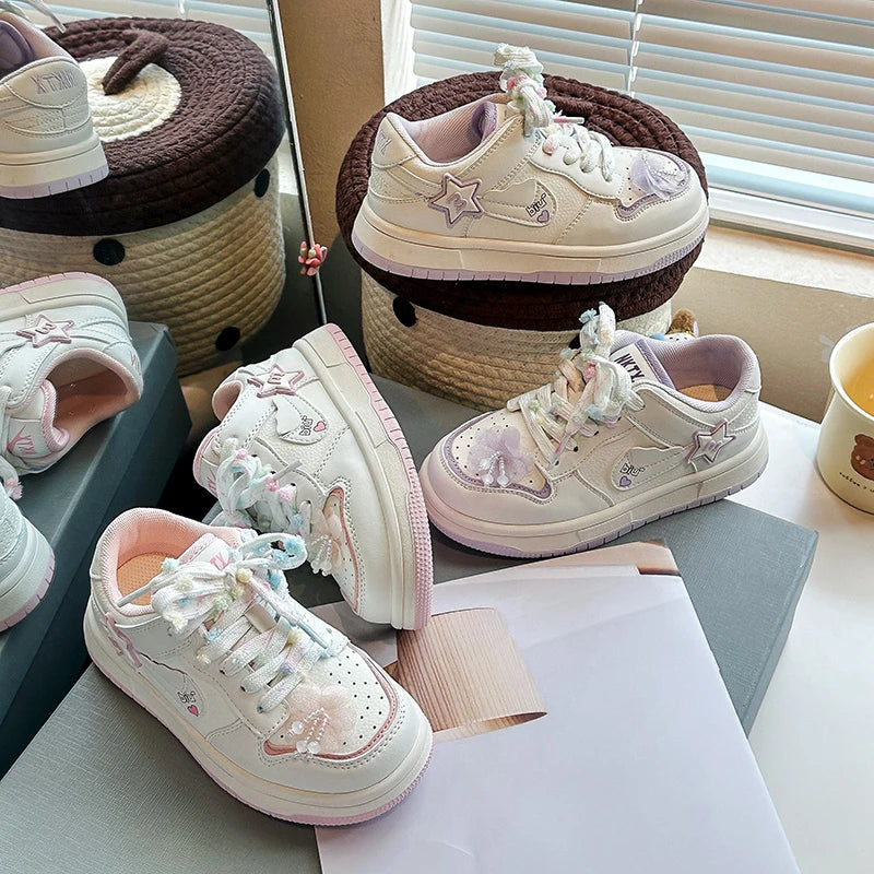 Girls' white sneakers autumn New leather breathable casual shoes, girls' soft-soled sports shoes and running shoes