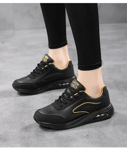New Women's Fashionable Sneakers Leather Women's Casual Shoes Lace Up Flat Shoes Ladies Lightweight Fitness Walking Shoes