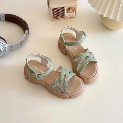 Girls Sandals 3-18 Years Old Beige Open-toe Woven Kids Beach Shoes Summer New Green Fashion Hundred Children's Sandals Shoes