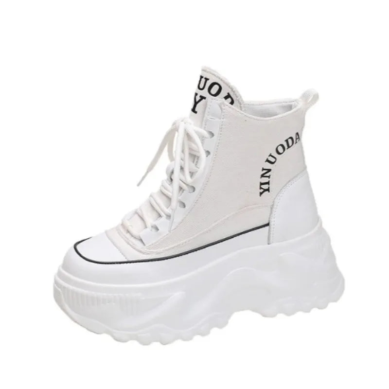 Women Sneakers High Top Platform Breathable Leather Shoes Autumn Ladies Wedges Casual Shoes For Woman Sports Dad Shoes 8CM